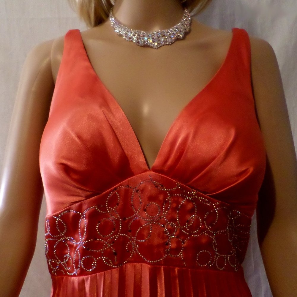 Orange Pleated Satin Style Dress Sequins Beads S-6